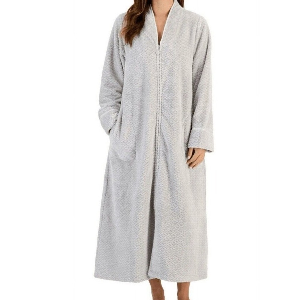 Charter Club Robe Women XS Gray Plush Pockets Zig Zag Knit Loungewear